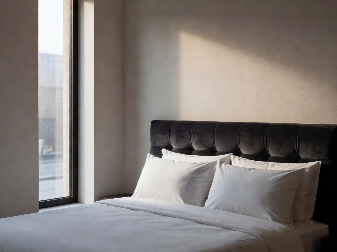 Boutique hotel bedroom with a tall window, soft side light and a dark upholstered headboard