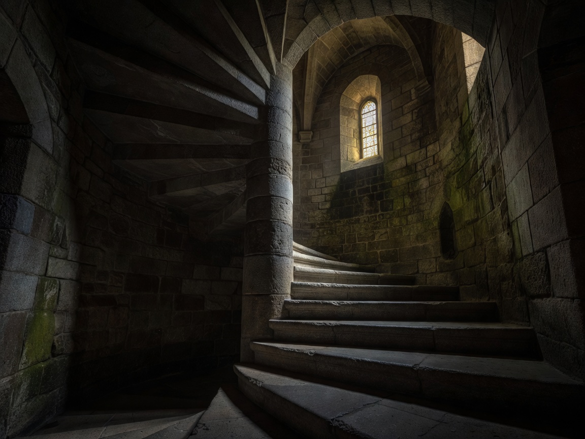 Stone spiral staircase in a castle hotel tower with deep shadows and a single lit window