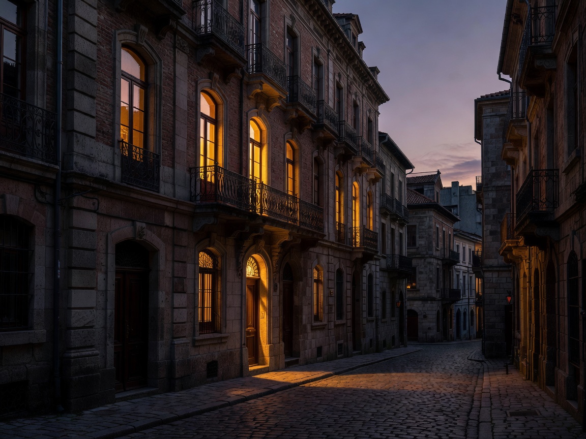 Old-town street at dusk with a hotel facade, warm lit windows and deep shadows