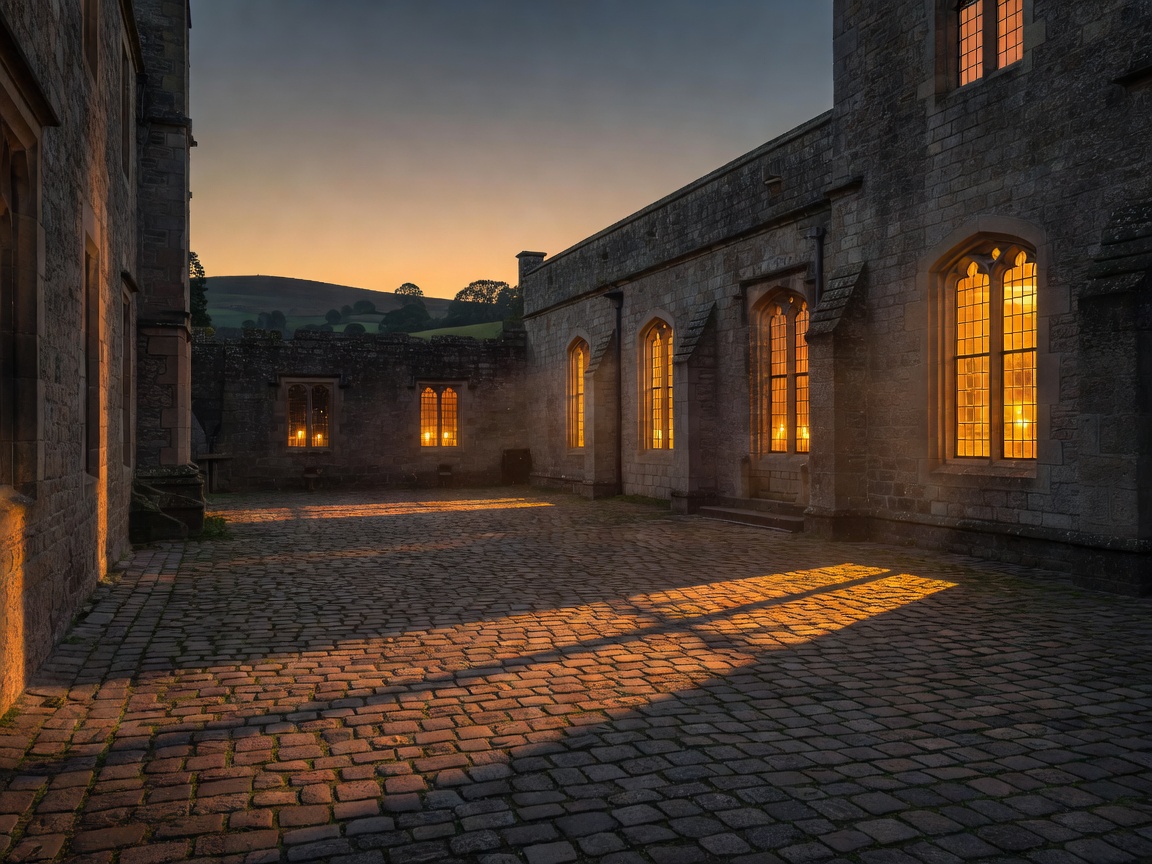 Stone estate courtyard in the evening with lit arched windows and long shadows