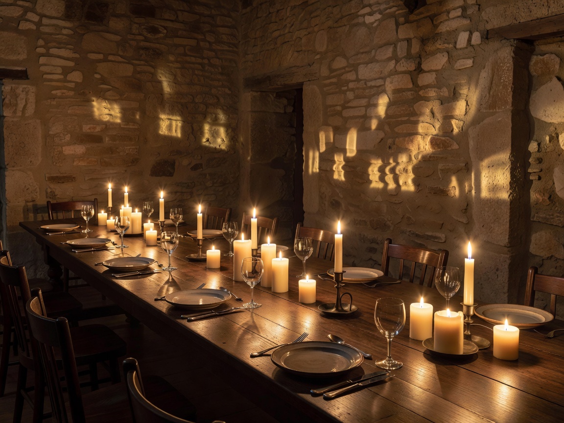 Countryside hotel dining room lit by candles with a long wooden table and stone walls