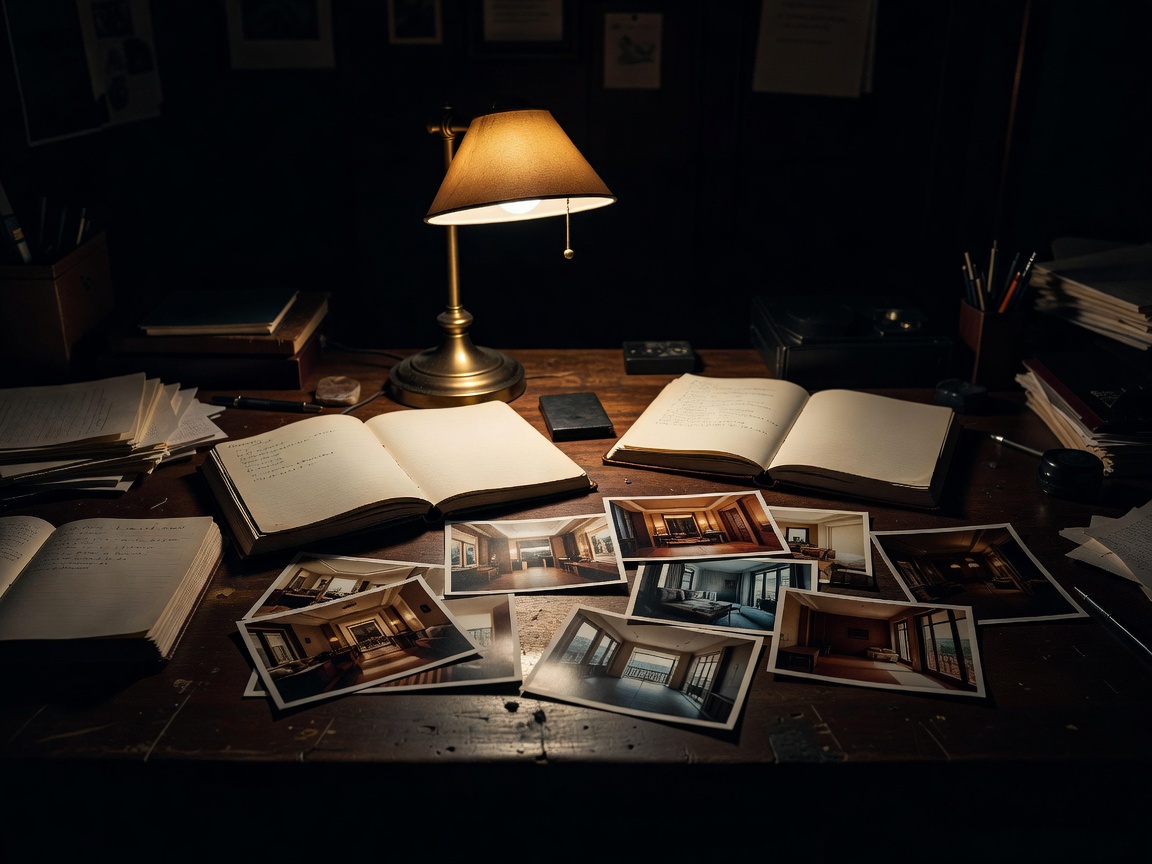 Editor's desk lit by a lamp with notebooks and printed hotel photographs in deep shadow