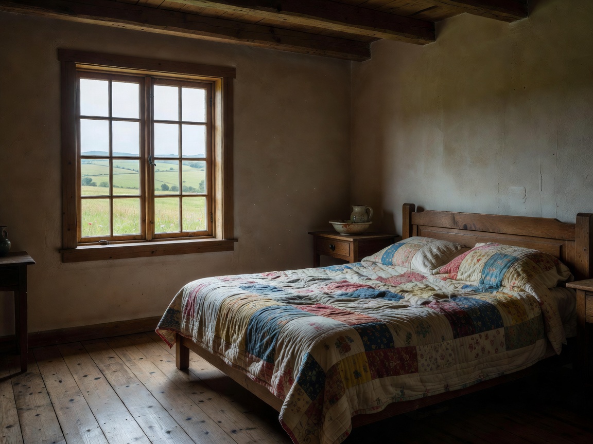 Farmhouse bedroom with a window onto fields, soft window light and deep shadows