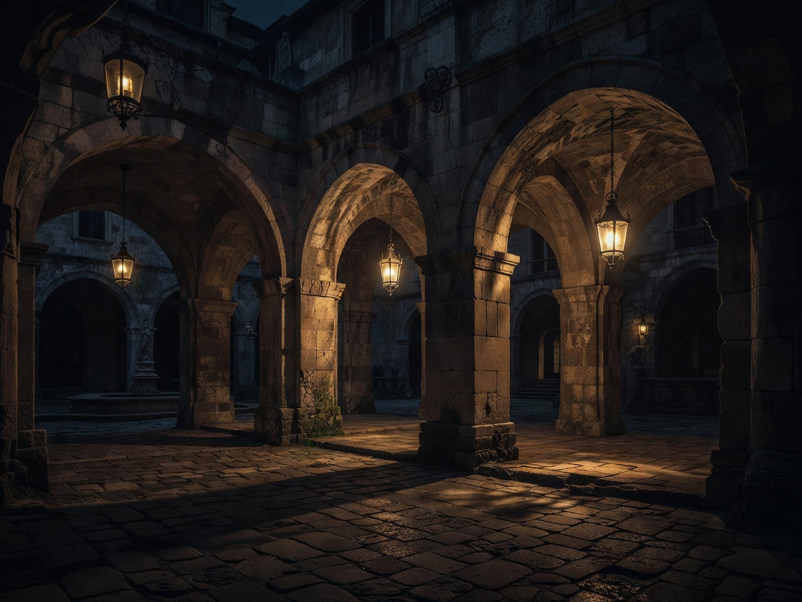 Historic hotel courtyard with stone arches, lantern light and deep shadows