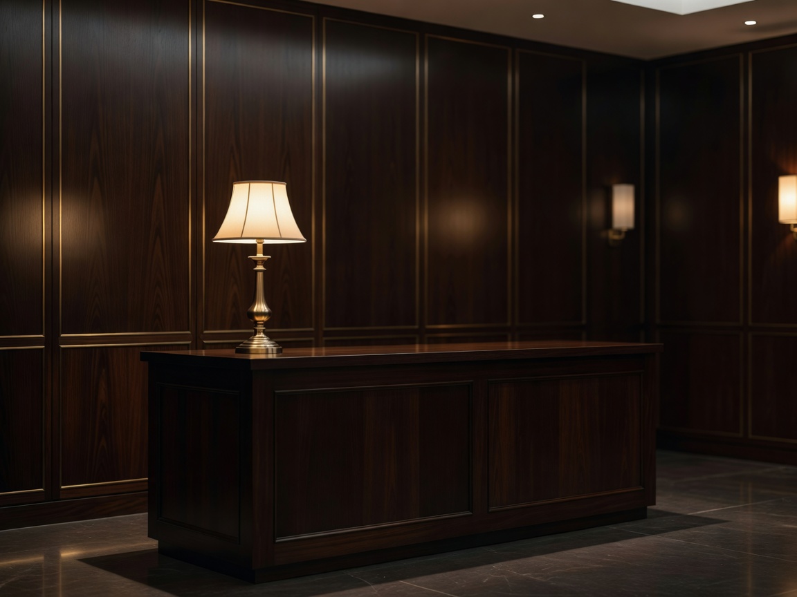 Hotel lobby with a brass lamp on the reception desk and a dark panelled wall