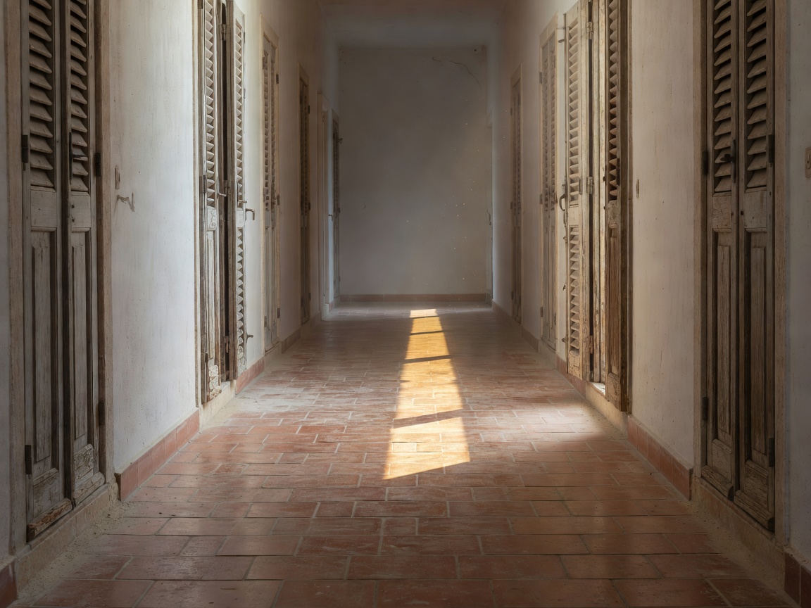 Seaside hotel corridor with shuttered doors and a strip of sunlight across the floor