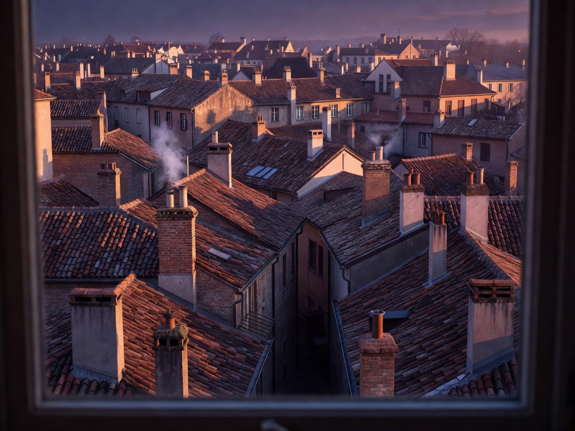 View from a hotel window over old-town rooftops and chimneys in evening light